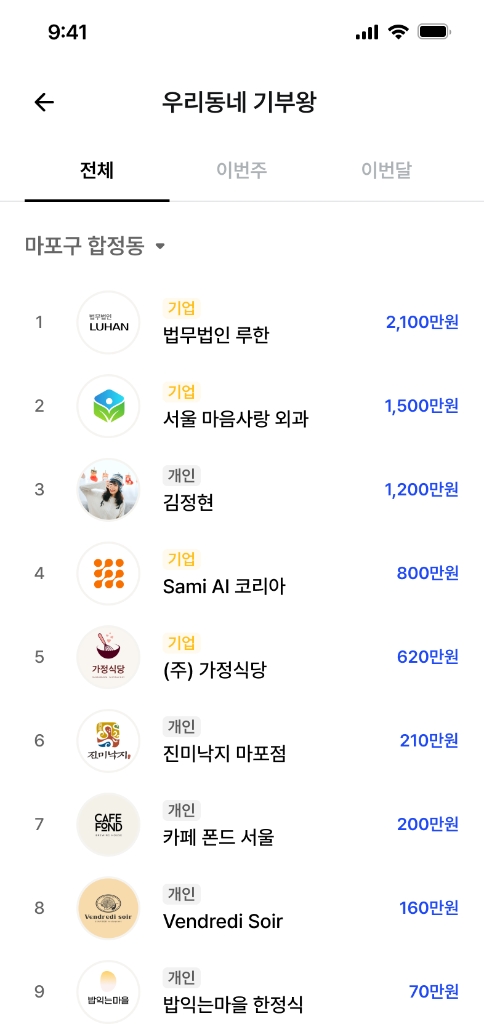 우리 동네 기부왕 화면